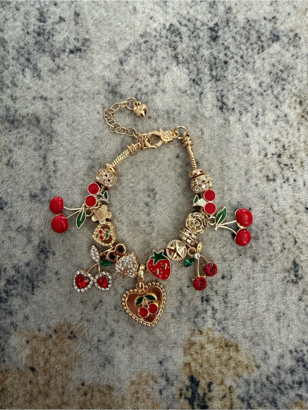 Gold-Tone Cherry Charm Bracelet with Red and Green Enamel